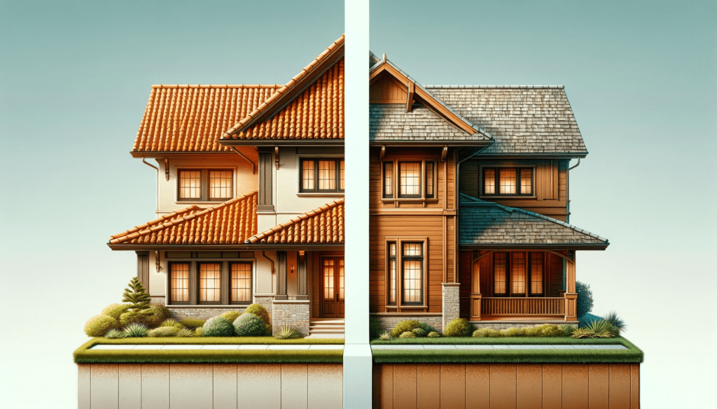 split view contrasting two houses with different roofing styles: clay vs cedar shake roofs.