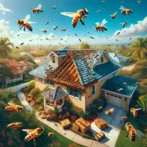 A picturesque scene capturing the essence of a honey bee infestation in a residential roof